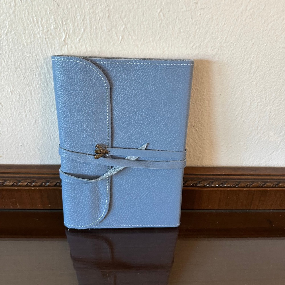 Blue Pebbled Leather Bee Charm Wrap Journal Lined Paper Notebook